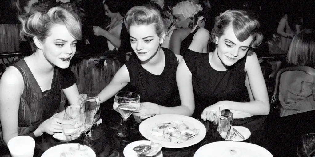 Image similar to b & w photo of emma stone and emma watson having dinner in the 1 9 5 0 s,