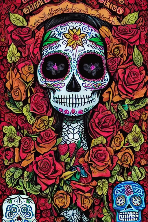 Prompt: Illustration of a sugar skull day of the dead girl, art by jeffrey smith