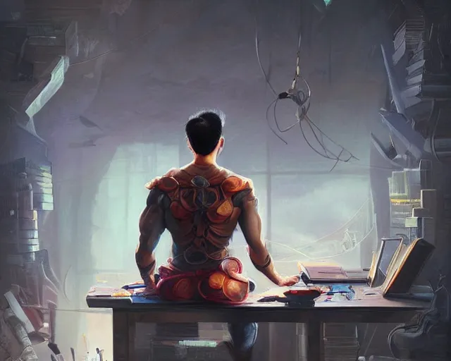 Image similar to an insanely detailed painting of an asian man wearing a homemade superhero costume, sitting at a desk, staring at the nervously at the computer and typing, in the style of peter mohrbacher, dramatic lighting and composition, surreal background, octane render, pixar, trending on artstation, concept art, comic book, view from behind