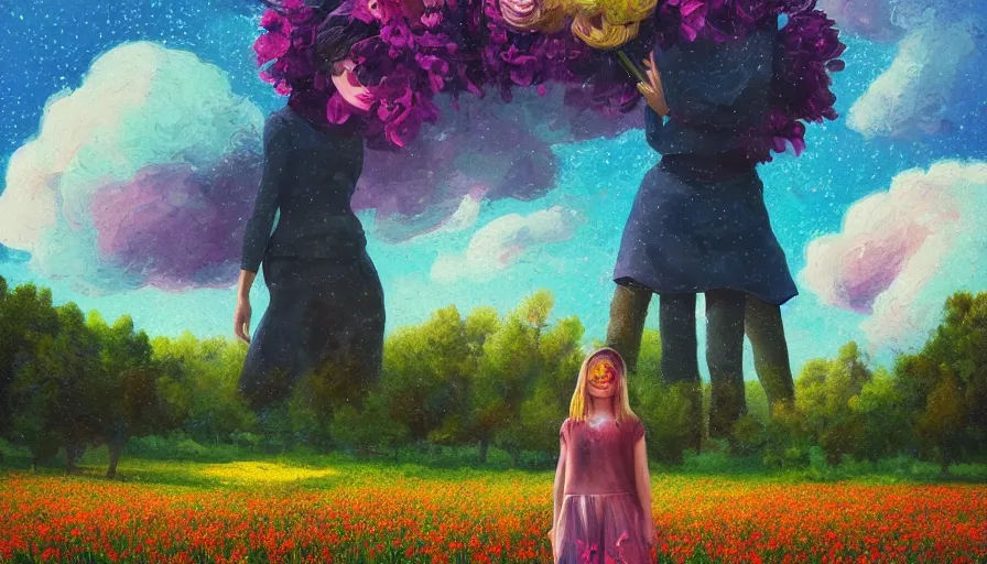 Image similar to girl with a giant flower face, surreal photography, dream, standing in flower field, hills, big trees, sunrise dramatic light, impressionist painting, colorful clouds, digital painting, pointillism, artstation, simon stalenhag, flower face