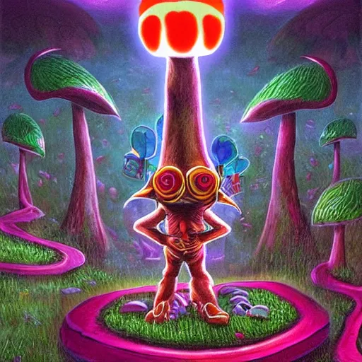 Image similar to 4 k headshot portrait of a psychedelic demonic anthropomorphic bunny rabbit with mushroom themed clothes, magic mushroom village in background by jeff easley, award winning, stylized neon, post - processing, masterpiece, superb resolution. in the art style of junji ito and greg rutkowski. detailed mushroom city in background. hyper realistic anime. perfect art. dalle 2