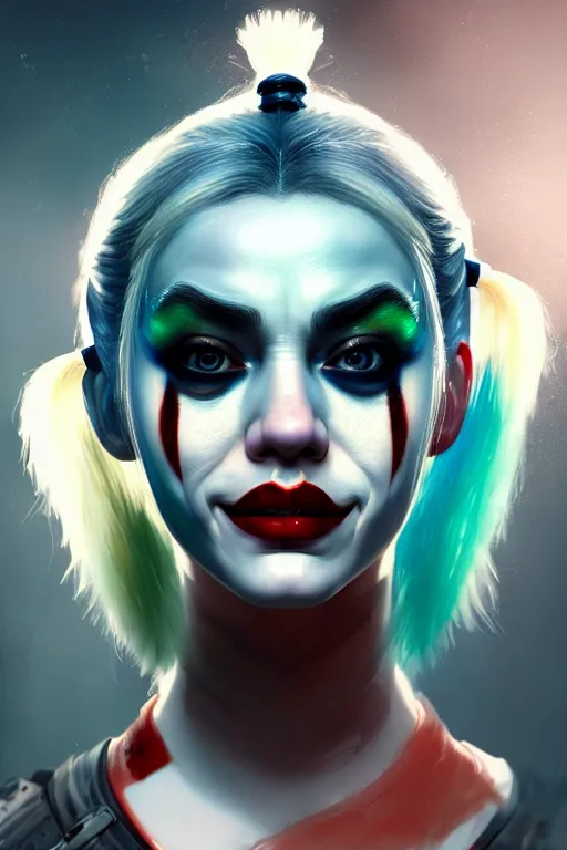 Image similar to ultra detailed close up facial portrait of harley quinn, green eyes, sharp bone structure, extremely detailed digital painting, in the style of fenghua zhong and ruan jia and jeremy lipking and peter mohrbacher, mystical colors, rim light, beautiful lighting, 8 k, stunning scene, raytracing, octane, trending on artstation