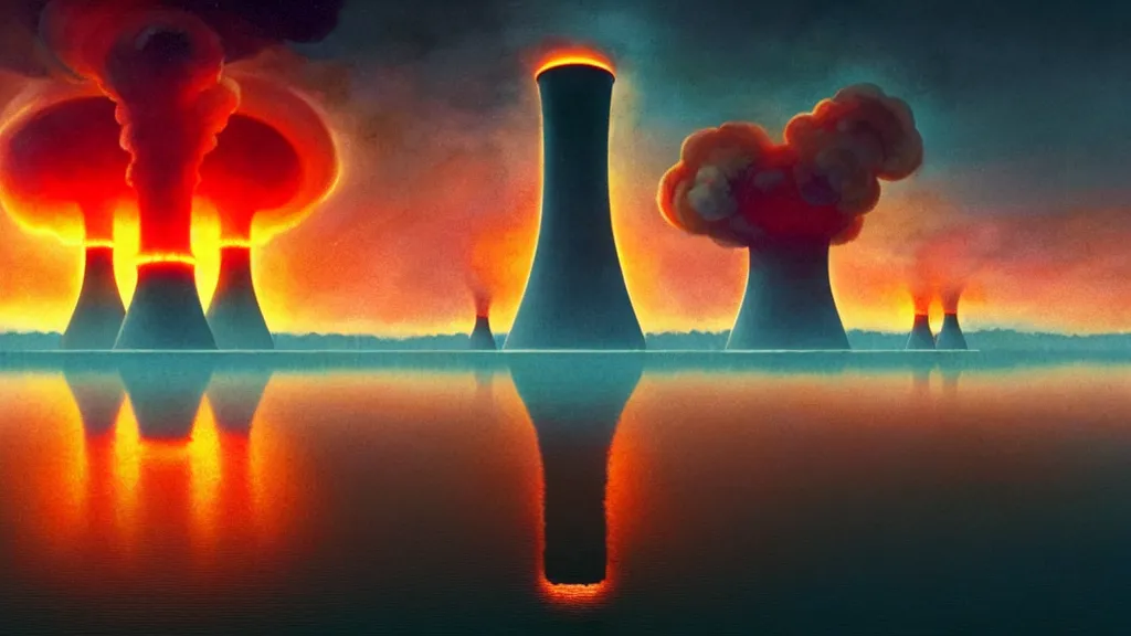 Prompt: A nuclear power plant residing over the mirrored lakes of Hell by Simon Stålenhag and J.M.W. Turner, oil on canvas; Nuclear Fallout, Art Direction by Adam Adamowicz; 4K, 8K Ultra-Realistic Depth Shading