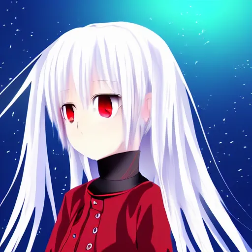 Prompt: white hair red eyes two small horn on the head anime style anime girl, star background