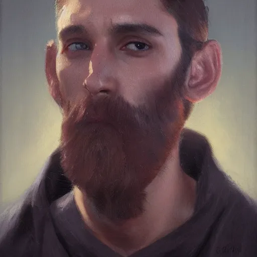 Image similar to An oil painting of a man dressed in priest robes, 30 years old, chad jaw line, short black hair, trimmed beard, sharp facial features, beautiful, highly detailed, by Cédric Peyravernay, trending on artstation