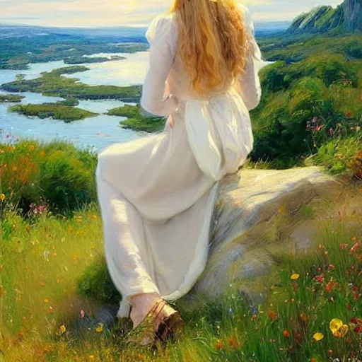 Image similar to blonde woman watching over the swedish countryside, archipelago, masterpiece, highly detailed, beautiful, atmospheric, impressionism, painting by Vladimir Volegov