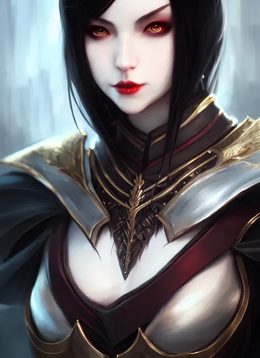 Image similar to full plate armor!!! beautiful and elegant dark hair female vampire!! gorgeous ayes!! character concept art, sharp focus, octane render! unreal engine 5! highly rendered!! trending on artstation!! detailed linework!! illustration by artgerm, wlop, and chie yoshii