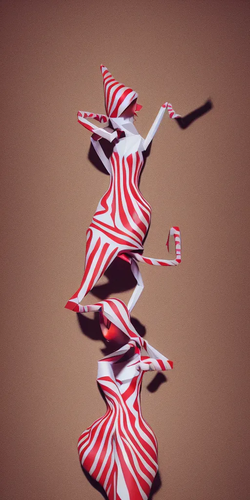 Prompt: anthropomorphic candy woman wearing a flowing paper couture dress striped like a candy cane, paper candy people, paper origami candy, pastel lighting, 3D, very detailed, octane render, trending ArtStation, artgem