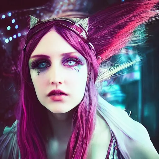 Prompt: “photo portrait the most elvish girl in the world. I can’t believe how she’s beautiful. She is in gorgeous haut couture dresses. Cyberpunk. Synthwave. 8K. In Amazing cosplay. Hyperdatailed national geographic”