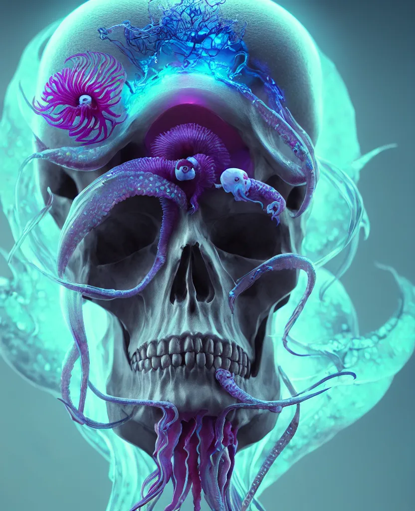 Image similar to goddess close - up portrait human skull, ram skull, squid phoenix jellyfish, orchid, betta fish, bioluminiscent, intricate artwork by tooth wu and wlop and beeple. octane render, trending on artstation, greg rutkowski very coherent symmetrical artwork. cinematic, hyper realism, high detail, octane render, 8 k