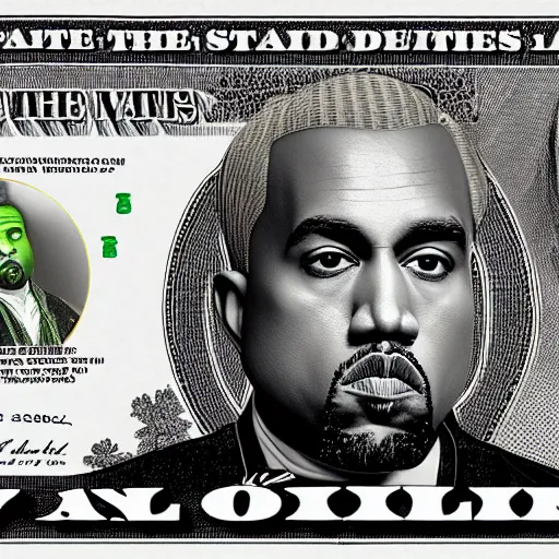 Prompt: dollar bill with Kanye West face inside