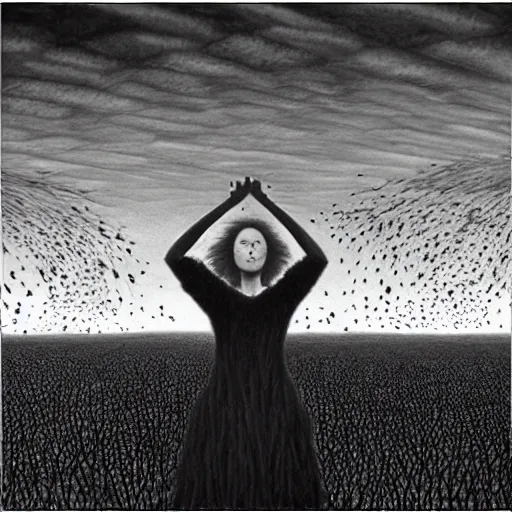 Image similar to cgi, monumental manga by chris van allsburg, by jennifer rubell. a art installation of a woman standing in a field of ashes, her dress billowing in the wind. her hair is wild & her eyes are closed, in a trance - like state. dark & atmospheric, ashes seem to be alive, swirling around.