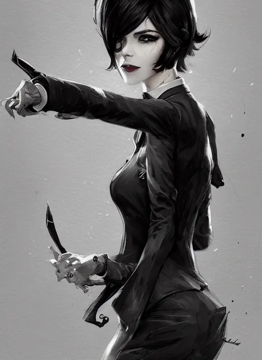 Image similar to a highly detailed illustration of beautiful short black messy haired woman wearing eyepatch!!! and noir style suit and tie, dramatic smiling pose, intricate, elegant, highly detailed, centered, digital painting, artstation, concept art, smooth, sharp focus, league of legends concept art, WLOP