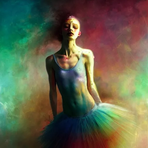 Prompt: ballet dancer by cy Twombly and BASTIEN LECOUFFE DEHARME, colorful, iridescent, volumetric lighting, abstract