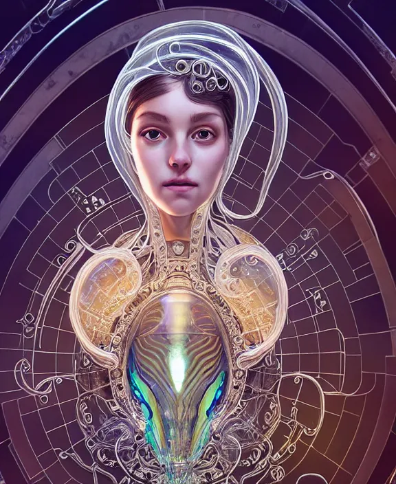 Image similar to intricate ornate opulent transparent clear see - through portrait of a cybernetic beautiful alien nautilus, mottled coloring, adorable, childlike, apocalyptic environment, ultra realistic, concept art, art nouveau, photorealistic, octane render, 8 k, unreal engine. art by christopher marley and artgerm and greg rutkowski and alphonse mucha