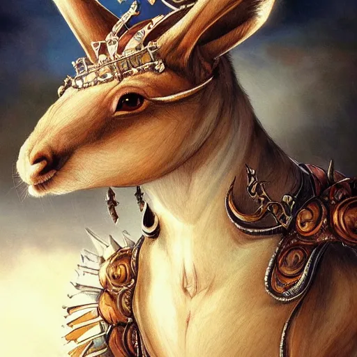 Image similar to a kangaroo as a king, cute highly detailed face, full body, fantasy art, monster art, style of masami kurumada, illustration, epic, fantasy, intricate, hyper detailed, artstation, concept art, smooth, sharp focus, ray tracing