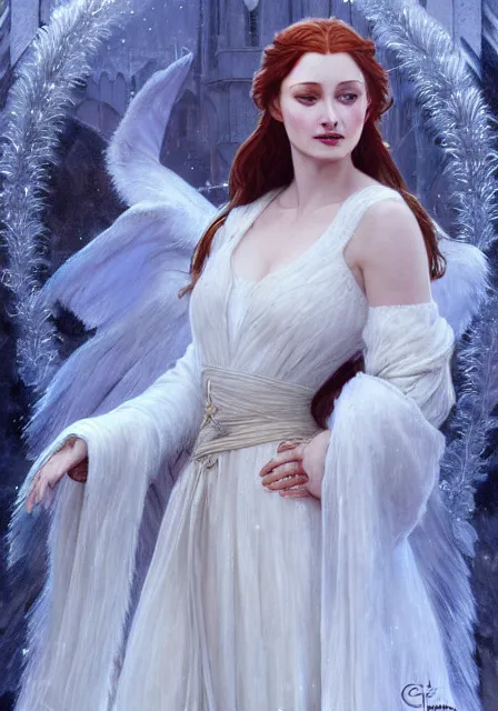 Image similar to sansa angeline jolie gessica chastain snow queen, intricate, elegant, highly detailed, digital painting, artstation, concept art, smooth, sharp focus, illustration, art by artgerm and greg rutkowski and alphonse mucha and william - adolphe bouguereau