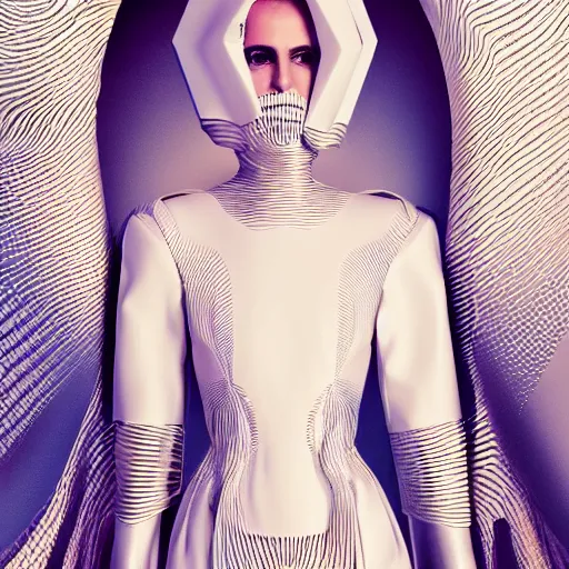 Prompt: a beautiful arabian woman wearing a futuristic dress by alexander mcqueen, thom browne, junya watanabe, dzhus, ara jo,, gareth pugh, julia krantz, andrej pejic, winde rienstra, hussein chalayan, artgerm, arabian beauty, blue eyes, smile, futuristic, organic dress, pattern, concept art, fantasy