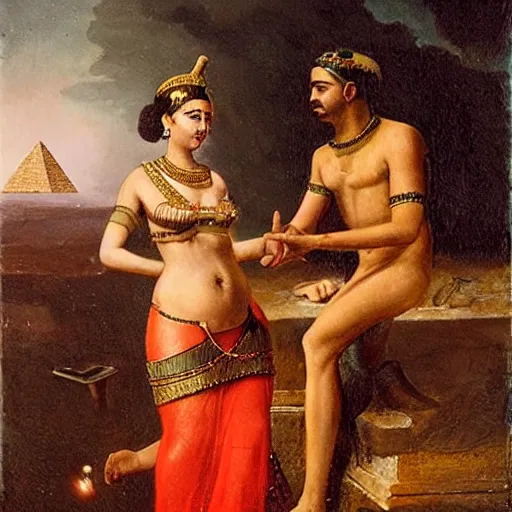 Image similar to an oil panting of cleopatra with her boyfiriend in egypt with fireworks