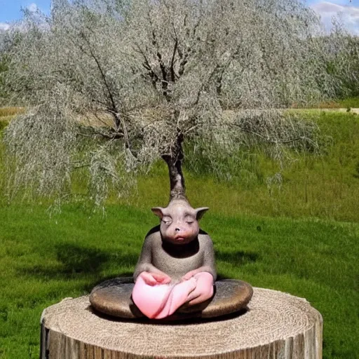 Image similar to a cute pig meditating like buddha on top of a giant mushroom, large willow tree in the background. ”