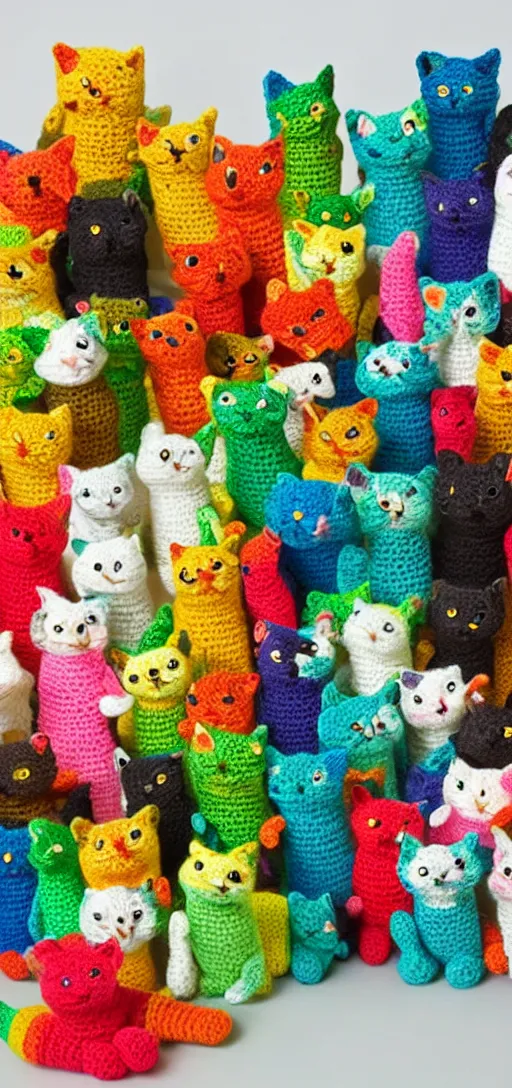 Image similar to multicolored crocheted cats, 2 0 2 0 s catalogue photo,