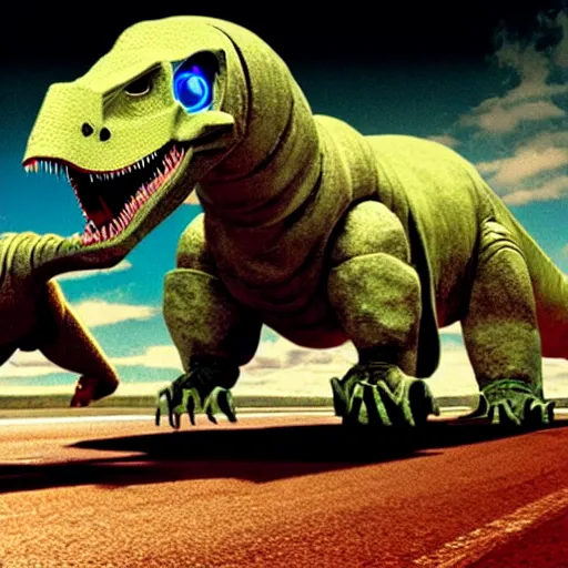 Image similar to the fast and the furious with robot dinosaurs