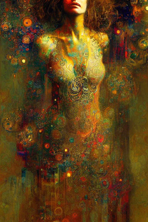 Prompt: a beautifull intricate painting of a disembodied soul surrounded by fractals, vivid colors, artstation, by jeremy mann, by gustav klimt,