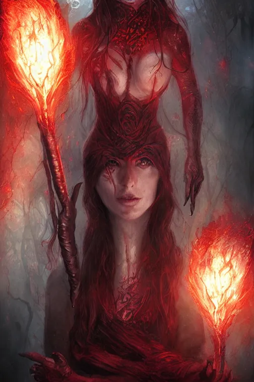 Image similar to Beautiful Sorceress of Fire, Glowing Red Eyes, professional illustration by Seb McKinnon, ArtGerm, WLOP, fantasy, magic, powerful presence, boss fight