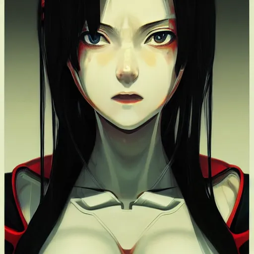 Image similar to A cyborg girl with big and cute red eyes, fine-face, realistic shaded perfect face, fine details. red, black and white robotic parts. Very very anime. Realistic shaded lighting poster by Ilya Kuvshinov katsuhiro otomo ghost-in-the-shell, magali villeneuve, artgerm, Jeremy Lipkin and Michael Garmash, Rob Rey and Kentarõ Miura style, trending on art station