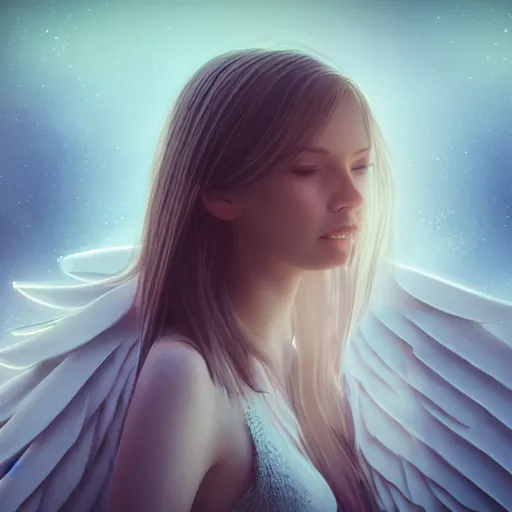 Prompt: portrait of a female angel, wings, concept art, bokeh, light mode, 3 2 k, angelic, rays of shimmering light