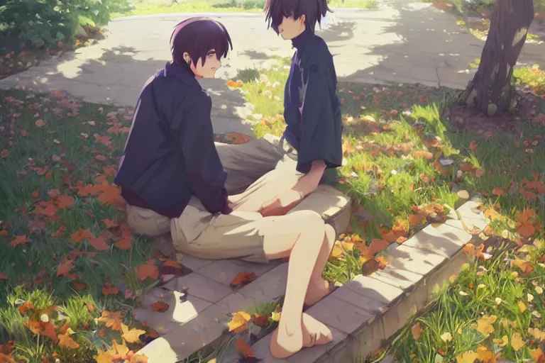 Image similar to boy's love anime high school scene spring noon setting, high detail concept art, perfect proportions good looking face, realistic shaded lighting poster ilya kuvshinov, katsuhiro, jeremy lipkin and michael germash, makoto shinkai, loish and clamp style, trending on art station, best selling artist