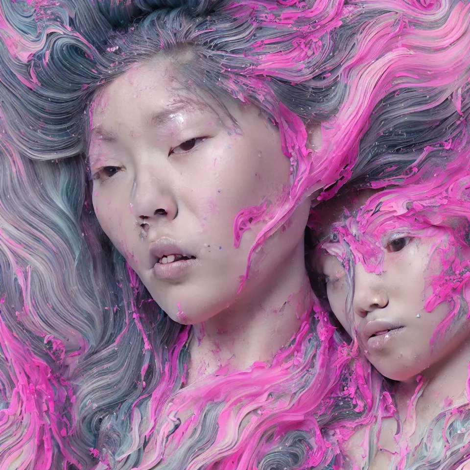 Prompt: a portrait of a very beautiful young asian goddess with pink and grey hair radiating an artwork made of swirling paint and impasto by james jean and wlop, background is multicoloured volumetric displacement, hyperrealism, subsurface scattering, arnold render, noise to volume, 8 k, houdini, xparticles