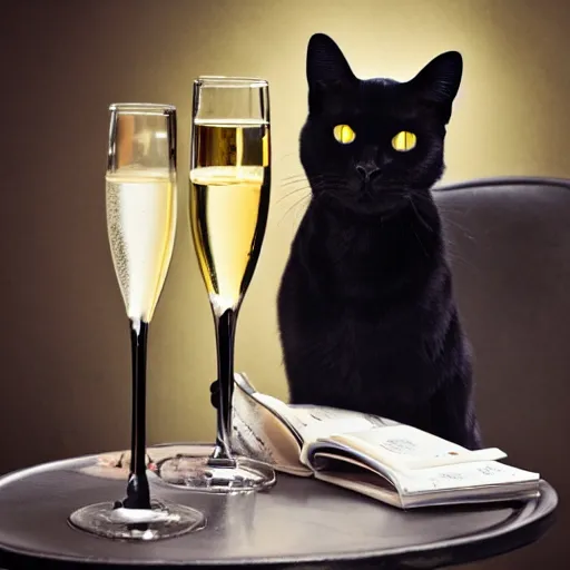 Image similar to a portrait of a black cat drinking expensive champagne in a fancy dark bar