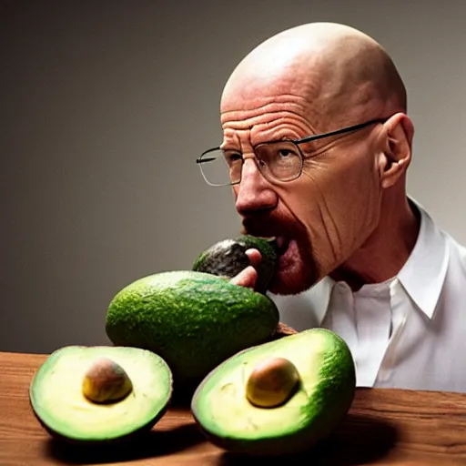 Image similar to walter white eating avacado, photography