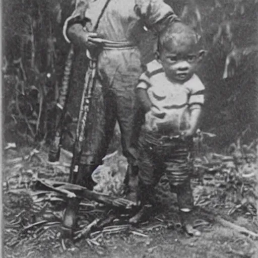 Image similar to a photograph of a baby with a machete taken in 1 8 9 0