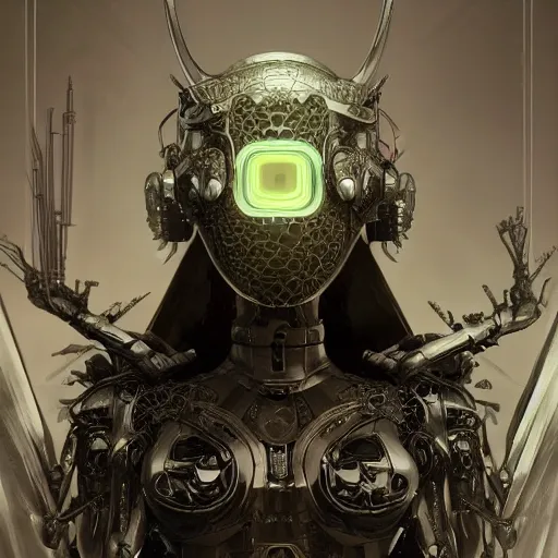 Prompt: mystical evil scifi cyborg android queen wearing a medieval helmet, covered in subsurface wax tendril leaves, volumetric lighting, ultra realistic, concept art, intricate details, serious, highly detailed, realistic, octane render, 8 k, unreal engine, art by todd mcfarlane and artgerm and greg rutkowski and alphonse mucha