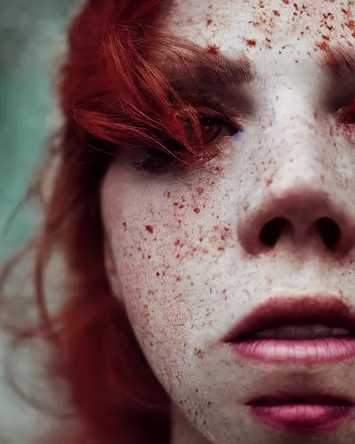 Image similar to Close-up portrait of a woman , close-up, high sharpness, zeiss lens, fashion photo shoot, flowers, red hair, freckles, Annie Leibovitz and Steve McCurry, David Lazar, Jimmy Nelsson, artistic, hyper-realistic, beautiful face, octane rendering