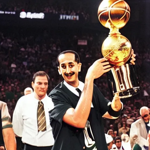 Prompt: photo of osama bin laden lifting nba larry o'brien trophy, boston celtics