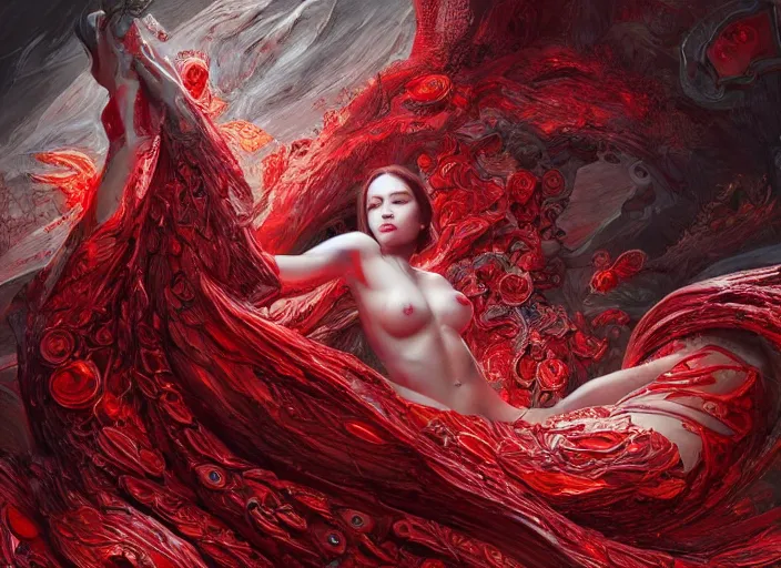 Prompt: woman in love sit upon a scarlet coloured beast, pain, light effect, hyper detailed, intricate, elegant, highly detailed, digital painting, artstation, concept art, matte, sharp focus, illustration, by james jean, andrei riabovitchev, marc simonetti, yoshitaka amano