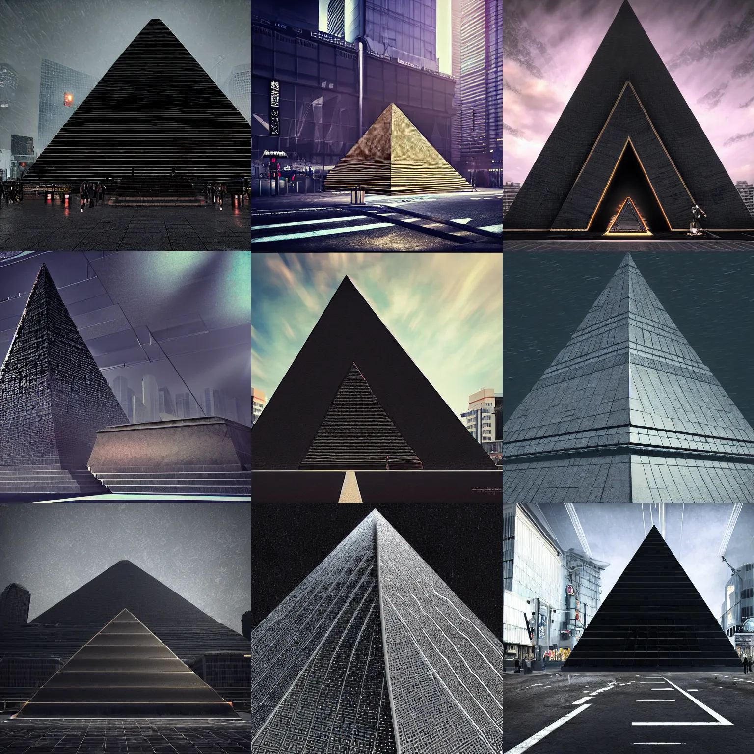 Prompt: mysterious black metallic pyramid outside shibuya station, rtx rendering, octane render 1 2 8 k, maya, extreme high intricate details, digital anime art by ross tran, medium shot, composition dramatic lighting