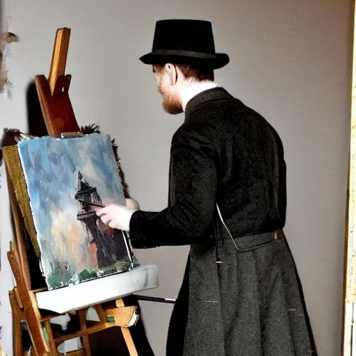 Image similar to mcgregor is dressed as a gentleman at early 2 0 th century paris. he is watching an easel. that easel has a canvas on it. ewan mcgregor has a brush on his hand. he is painting a painting. we can see his back. no background.