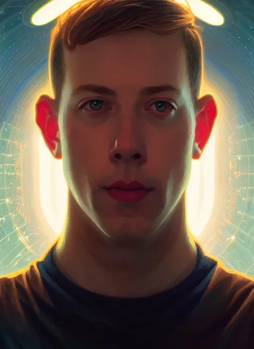 Image similar to symmetry portrait of steve huffman from reddit, sci - fi, tech wear, glowing lights intricate, elegant, highly detailed, digital painting, artstation, concept art, smooth, sharp focus, illustration, art by artgerm and greg rutkowski and alphonse mucha