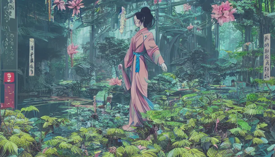 Image similar to a digital painting of a woman exploring a japanese temple, lush plants, eco - cyberpunk art by james jean, cgsociety, retrofuturism, anime aesthetic, chromatic, iridescent