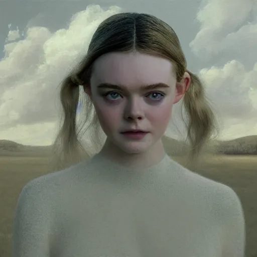 Image similar to Elle Fanning in a field in the world of Adam Wyeth, head and shoulders portrait, stormy weather, extremely detailed masterpiece, oil on canvas, low-key neon lighting, artstation, Blade Runner 2049, Roger Deakin’s cinematography, by J. C. Leyendecker and Peter Paul Rubens and Edward Hopper and Michael Sowa,
