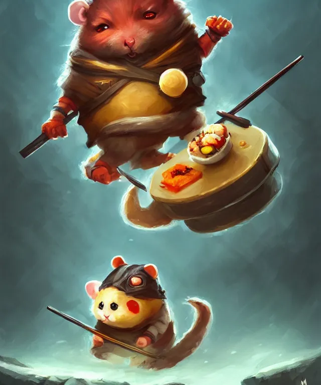 Image similar to anthropomorphic hamster ninja eating sushi, ninja outfit, two arms, standing in a beautiful landscape, cute and adorable, dnd character art portrait, matte fantasy painting, deviantart artstation, by jason felix by steve argyle by tyler jacobson by peter mohrbacher, cinematic lighting