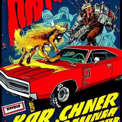 Prompt: b - movie poster, a heavily modified 1 9 7 0's dodge charger with a cow catcher and metal armor, a funky vixen with an afro, a gang of 1 9 7 0 s drug dealers, an explosion, 1 9 7 0's detroit building la