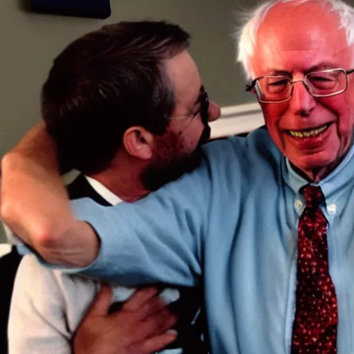 Prompt: bernie sanders hugging mr. rogers in a meadow