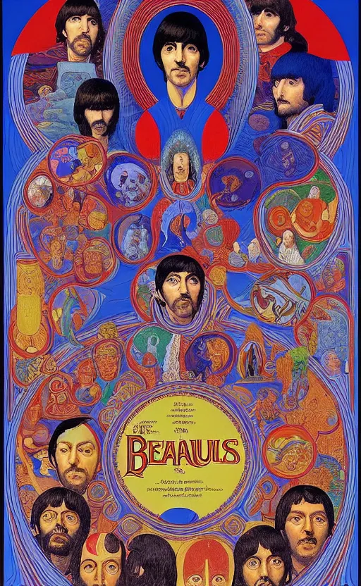 Image similar to a breath - taking jean giraud work of art of the beatles in the style of a renaissance masters portrait, mystical and new age symbolism and tibetan book of the dead imagery, intricately detailed, 4 k