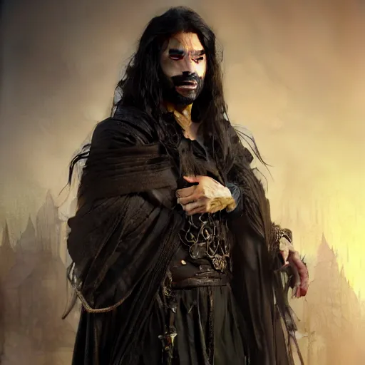 Image similar to portrait painting of a middle - eastern man with shoulder length hair and wearing a tattered black feather cloak and coat, ultra realistic, concept art, intricate details, eerie, highly detailed, photorealistic, octane render, 8 k, unreal engine. art by artgerm and greg rutkowski and charlie bowater and magali villeneuve and alphonse mucha