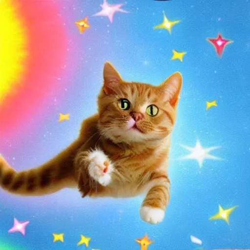 Image similar to cat with a pop tart body flying though space on a rainbow bridge